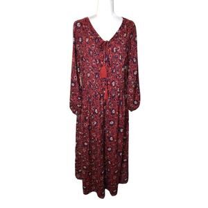 Castaluna Floral Maxi Dress Red Long Sleeve 100% Cotton Cottage Core Peasant 14W
